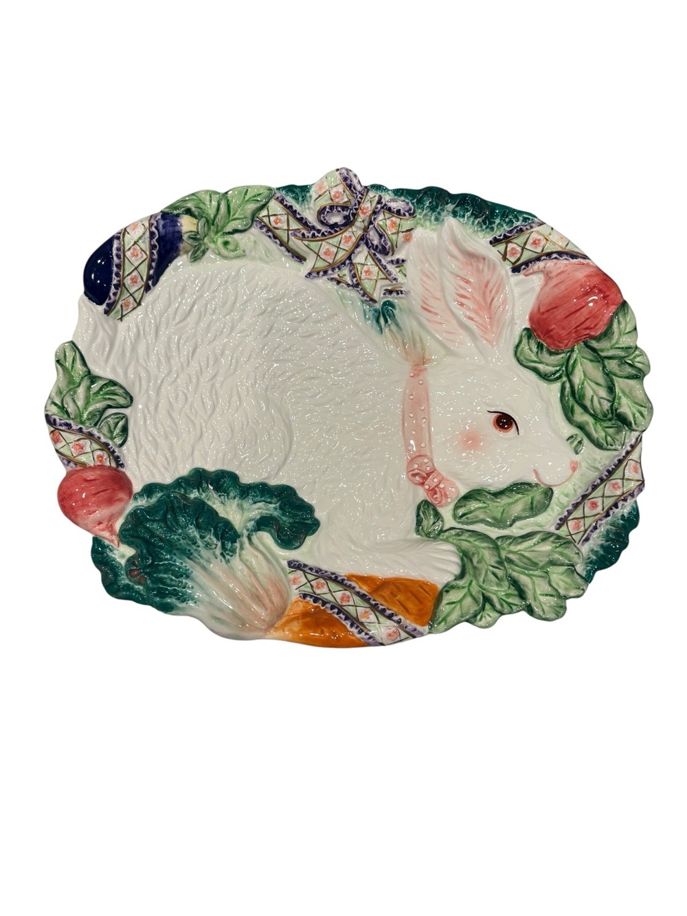 Vintage Majolica Style Bunny Rabbit Vegetable Ceramic Serving Platter